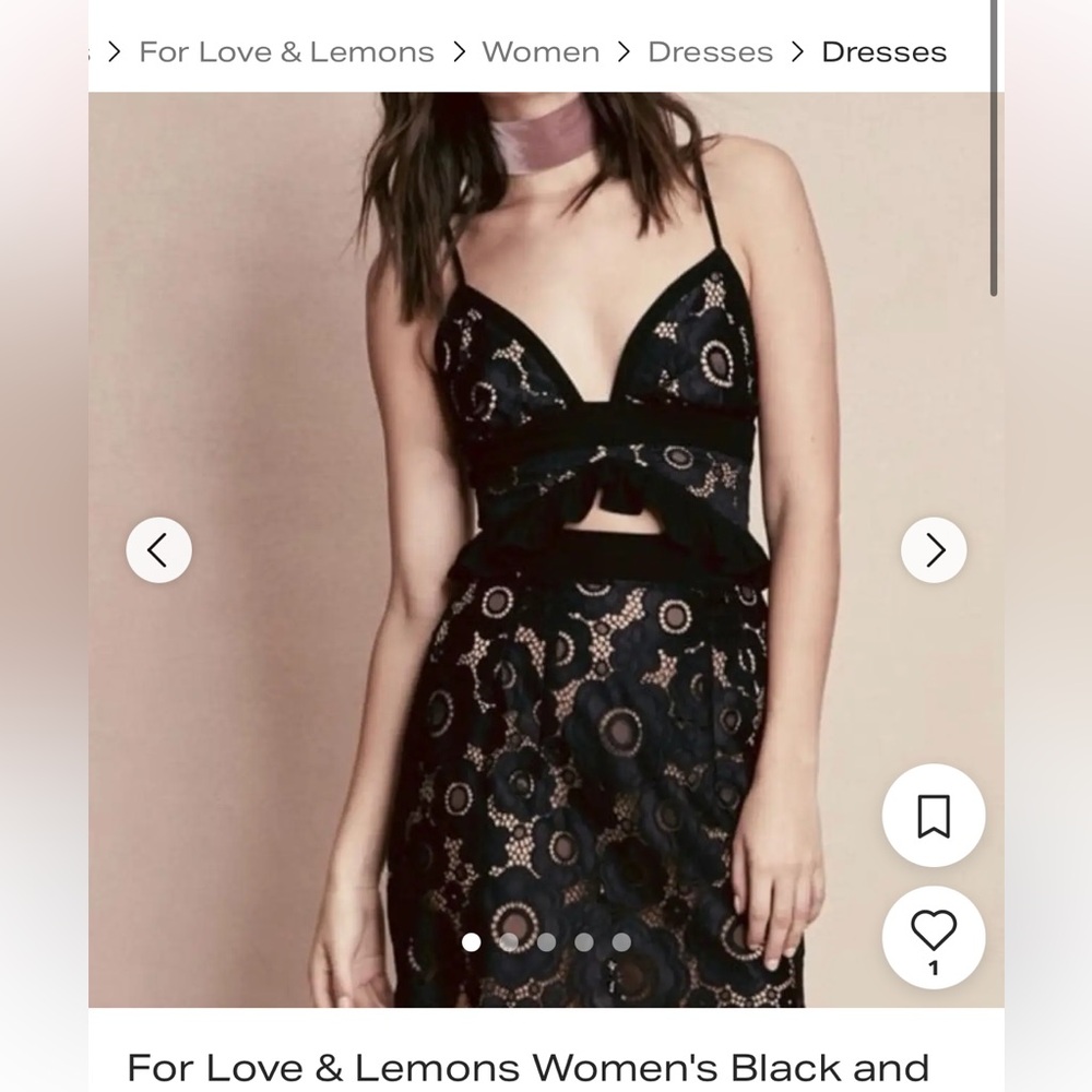 For love & lemons black lace crop tank and mini skirt set with nude lining xs